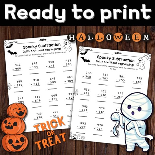 Halloween 3 Digit Subtraction Worksheets | With & Without Regrouping Fun