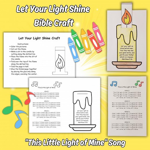 Let Your Light Shine Bible Craft Printable for Kids Bible Lesson, This Little Light of Mine Sunday School Song, Matthew 5:16 Church Activity - Etsy