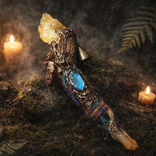 Yellow Mud Skeletal Quartz Wand With Labradorite, Handmade Ritual Wand, Altar Wand, Witchcraft Tool, One of a Kind Handmade Crystal Wand - Etsy