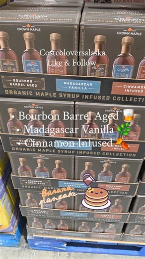 Costco Lovers Alaska on Instagram: "These are SO good 🤎 Crown Maple organic infused syrup collection — bourbon barrel aged, Madagascar vanilla, and cinnamon 🍁 $20.79 for the set at Costco! Which one would you try first? 🥞🍌 Follow @CostcoLoversAlaska for daily Costco finds 🛒 #CostcoFinds #CostcoAlaska #MapleSyrup #BrunchIdeas #FoodFinds"