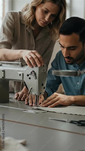 A woman instructor teaching a man how to use an industrial sewing machine in a creative workshop studio