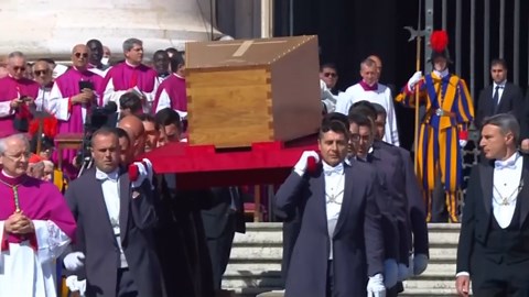 Pallbearers carry pope's coffin into St. Peter's Square at his funeral
