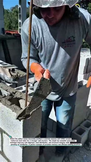 Precision CMU Block Placement Around Rebar! #MasonryWork #ConstructionTech #BuildingSkills