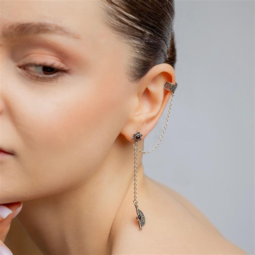 Sterling Silver Armenian Chain Ear Cuff Earrings | Red Stone Ornament Jewelry - Etsy