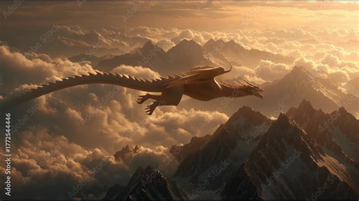 Dragon Soaring Above Mountain: An awe-inspiring image captures a majestic dragon gracefully gliding through the expansive sky.