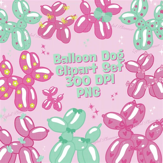 Pink Green Balloon Dog Clipart, Coquette Animal Graphics (digital Download, 300 DPI PNG Bundle) - Etsy