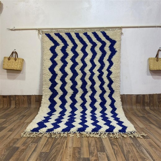 Luxury Blue Zigzag Hand-knotted Moroccan Wool Rug: Geometric Chevron Area Carpet - Etsy