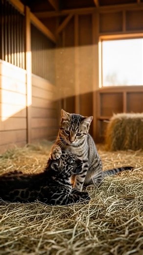 🐱 Unexpected Bond: Tabby Cat Adopts Leopard Cub in the Barn #ImpossibleFriendship #BarnMiracle