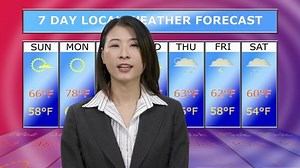 Asian American female weather reporter reporting from studio with background chart, original design elements