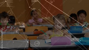 Central student placing notebook and writing lines for lesson in classroom with animated data nodes