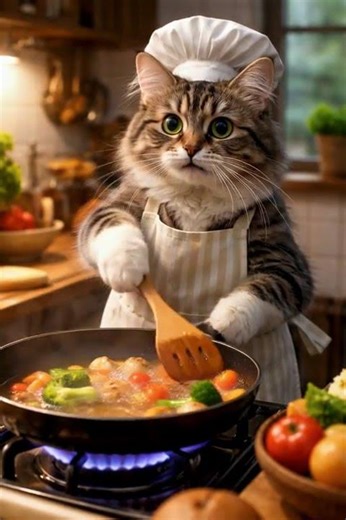 リアルな猫がキッチンで料理！？癒しと驚きのAIリアル映像