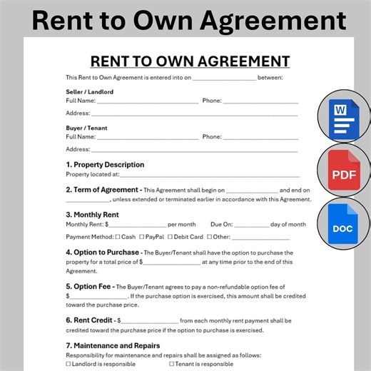 Editable Rent to Own Agreement, Simple Lease to Own Option Agreement Form Template, Residential Rental Lease to Purchase Home House Contract - Etsy