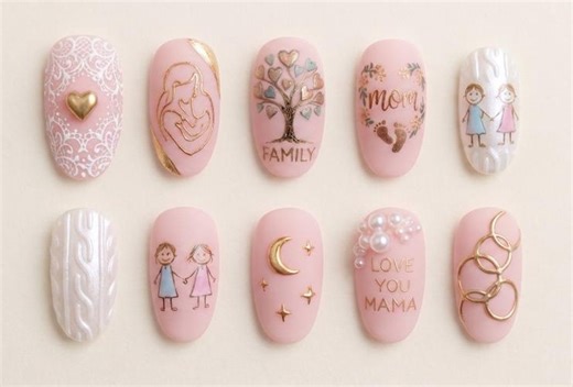 Mother's Day Pink Press on Nails | Hand Painted Family Mom & Baby Silhouette | Gold Accents Love You Mama Fake Nails - Etsy