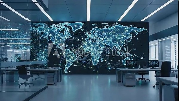 Global network connectivity map displayed on large screen in modern office command center