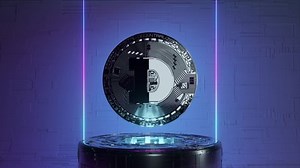 Rotating Dogecoin in a futuristic future room with neon lighting. Cryptocurrency concept. 4k animation of seamless loop