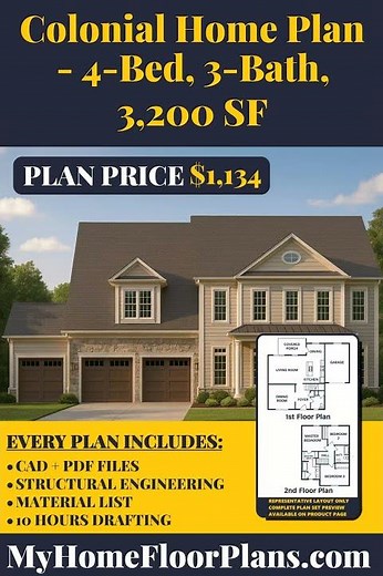 Colonial Home Plan - 4 Bed, 3 Bath, 3,200 SF