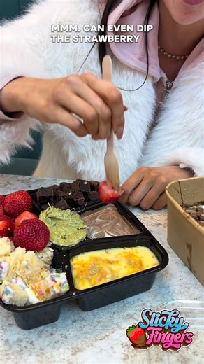 Sticky Fingers on Instagram: "The Sticky Situation Platter is a dessert lover’s dream, a little bit messy, a whole lot addictive. Loaded with fudgy brownie bites, fluffy sprinkle cake cubes, and fresh juicy strawberries, all surrounded by indulgent dips. From silky chocolate swirl sauce and custard-style sprinkle sauce to a creamy pistachio dip, every section is designed for dunking, dripping, and double-dipping. Sweet, sticky, colorful, and impossible to eat neatly exactly how dessert should be