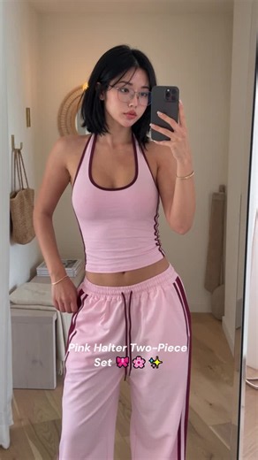 Pink Matching Set: Sporty Halter Top & Wide Leg Pants Outfit