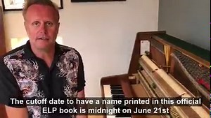 Pre-order before midnight on June 21st to have a name printed in the only official Emerson, Lake & Palmer book. Aaron Emerson announces the closing date for the elpbook.com roll of honour, while seated at the piano which belonged to his father Keith. Aaron and his son Ethan were both initially taught to play on that piano by Keith. In the 1970s it was on the landing outside the bedrooms at the Emerson family home, the magnificent 15th century manor house Stonehill near Chiddingly. Keith would pl