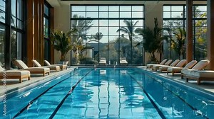 Indoor pool with expansive windows, lounge chairs, bright and airy ambiance