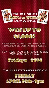👑 Friday Night King or Queen Drawings win up to $1,000! The more you play, the better your chances Fridays at 7PM! Top prizes awarded April 25 at 9PM! #WinBig #CasinoGiveaway #pnw #casino #TribalCasino #ThePointCasino #CasinoLife #playtowin #BigWins #FeelingLucky #CasinoFun | The Point Casino & Hotel