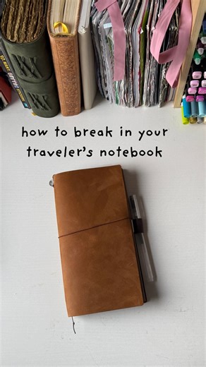 rose soma • journals on Instagram: "how to break in your traveler’s notebook to give it the worn leather look a little sooner! :) comment “traveler’s notebook” for the link! (Use that exact text or the link won’t send) Other ways not mentioned in the video: 5. Stuff the Notebook Fully Fill the notebook with inserts, papers, and accessories. The bulk will naturally stretch and shape the leather, making it more flexible. 6. Spot Water Spritzing Lightly mist (do not soak) the leather with water usi