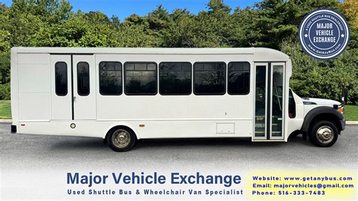 2015 Ford F-550 24 Passenger Wheelchair Shuttle Bus w/ only 23K Miles ! Visit WWW.GETANYBUS.COM ! Fully reconditioned F-550 shuttle bus with just 23,000 miles & rear luggage. It was well-maintained and equipped with a powerful 6.8L Ford V10 gas engine and an automatic transmission with overdrive. It delivers a smooth and quiet ride, getting your group to their destination in comfort, thanks to dual air conditioning and heating, as well as a versatile seating arrangement with flip seats that acco
