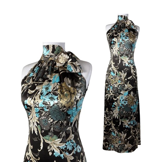 Vintage Floral Halter Maxi Dress: Baroque Print, Black Satin, Y2K Evening Gown - Etsy