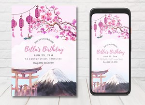Printable Japanese Invitation Set, Cherry Blossom Invite, Japanese Party Invite, Cherry Blossom Birthday Invitations, Editable Template. - Etsy
