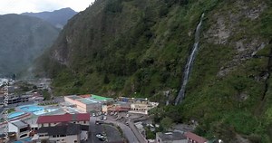Banos, Ecuador / September 25, 2018 - Drone Rotate 360 Around Banos, Starting at Casacada de la Virgen Waterfall.mov