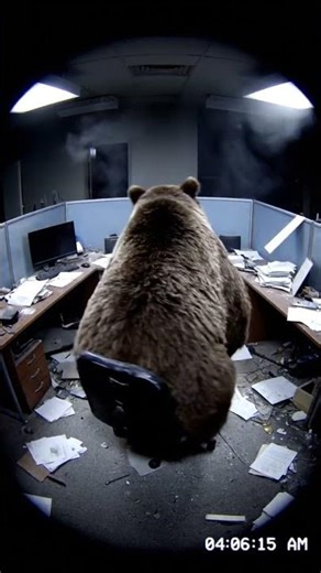 A bear sitting on a broken swivel chair, spinning itself in slow circles.