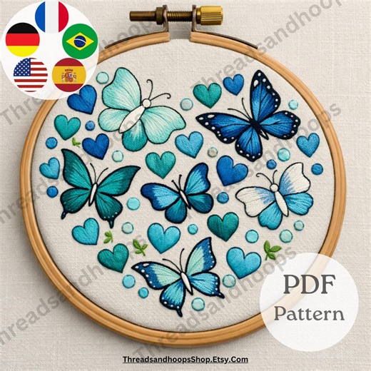 Butterfly Hand Embroidery Pattern PDF – Blue Butterfly Hearts Design, Beginner Friendly, Digital Download - Etsy