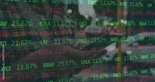 Commuter tapping phone on glass reflection, causing market ticker overlaying while data updating