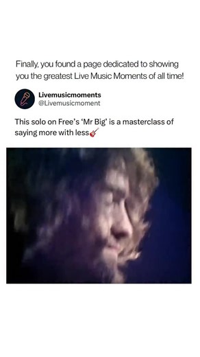 Live Music Moments on Instagram: "Paul Kossoff’s guitar work on “Mr. Big” with Free is widely celebrated for its emotional depth and lyrical phrasing. Recorded in 1970 for Free’s album Fire and Water, the song’s slow blues structure gave Kossoff space to weave sustained, singing notes that conveyed both tension and release, showcasing his trademark vibrato and touch. His solo doesn’t rely on speed or technical flash but on tone, feel, and the subtle use of bends that make each phrase resonate, c