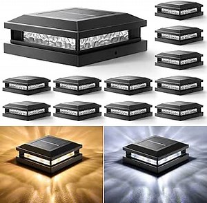Solar Post Cap Lights 12 Pack, Upgraded Outdoor Fence Post Lights for 4x4 4.5x4.5 5x5 Vinyl/Wood Posts, Black Deck Posts Cap Light Solar Powered with Warm White/Cool White for Garden Patio Porch