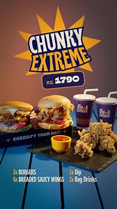 Big cravings call for Extreme solutions! Get your hands on the Chunky Extreme Deal: 2 Burgers 6 piece breaded saucy wings 2 Regular Drinks. | Chunk 'N' Cheese