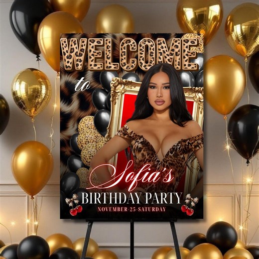 Cheetah Birthday Welcome Sign, Birthday Invitation, Leopard Cherry Party Poster, Printable Template, Instant Download, Canva Editable - Etsy