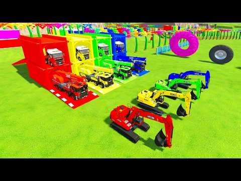 Garage With Colors - ALL COLORFUL CRANE TRUCK, JCB EXCAVATOR TRANSPORTING AND PARKING TO GARAGE