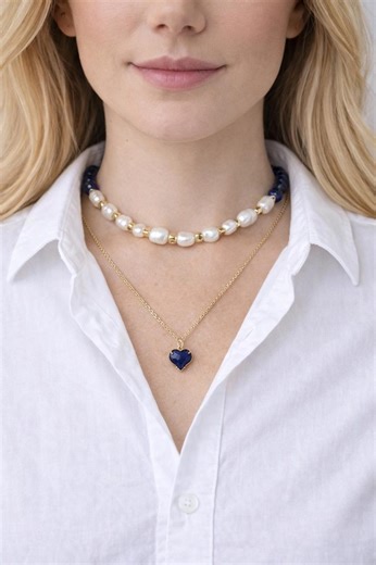 Lapis Lazuli Necklace, Blue Layered Necklace, Gold Heart Charm, Boho Jewelry, Blue Gemstone Necklace, Natural Stone Necklace - Etsy