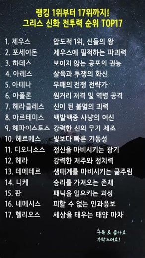 랭킹 1위부터 17위까지! 그리스 신화 전투력 순위 TOP17 ⚔️ #그리스로마신화 #전투력순위