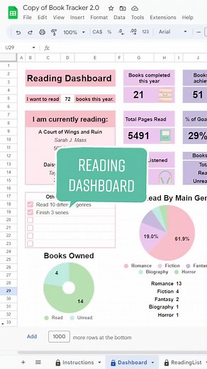 I love reading and I love spreadsheet so I made a Book Tracker for Google Sheets and Excel. #BookTracker #Spreadsheet #BookSpreadsheet #ReadingDashboard #BookStats #ReadingGoals #TikTokBooks #BookTok