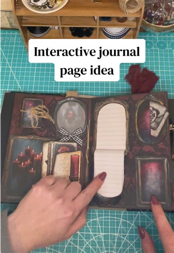 Vampire romance diary - Adding an interactive double page spread. I love using frames as they are so versatile to work with. I wanted each one to have a different action to add more interest. 🥰 #journalinspiration #creativejournal #vampire #papercraft #journalideas