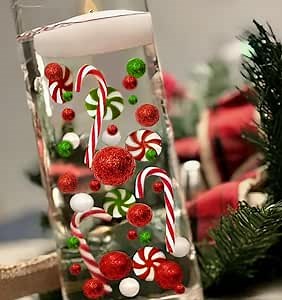 100 Floating Sparkling Christmas Red/Green Candy Canes-Peppermints-Lollipops-Pearls-Large Sizes-Fills 8 Med. Size Vases-with Measured Floating Gels and Prep Bags for Best Results!