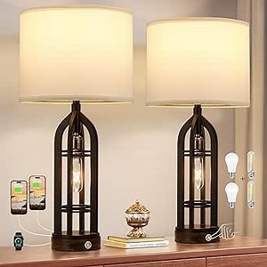 Seealle Table Lamp for Living Room Set of 2 - Bedside Lamp for Bedroom with USB C+A & Outlet, Farmhouse Lamps for Night Stands, 3-Way Dimmable Touch Lamps for Living Room with White Shade