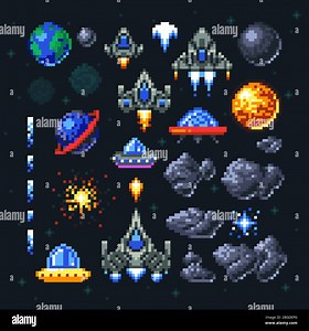 Elementi pixel spazio arcade retrò. Invasori, navicelle, pianeti e set di vettori ufo. Video arcade gioco in pixel art, illustrazione di astronave e razzo invasore Immagine e Vettoriale - Alamy