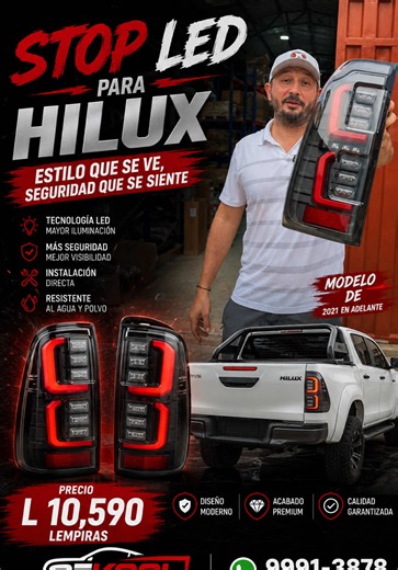 Los nuevos Stops LED para Toyota Hilux ya están en Rekool. 🔥 Si buscas un cambio que realmente haga destacar tu pickup, este es el upgrade perfecto. Diseño moderno, iluminación LED de alta intensidad y un acabado premium que transforma por completo la parte trasera. ✅ Compatibles con Toyota Hilux 2016 en adelante 💰 Precio: L 10,590 📦 Disponibles para entrega inmediata Haz que tu Hilux se vea diferente, de día y de noche. Escríbenos y asegura las tuyas antes de que se agoten. 🚘⚡ #Rekool #Toyo