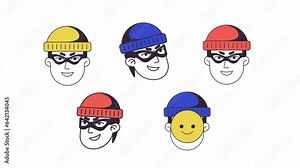 Burglar masked line 2D avatar icons animation set. Robbery thievery flat linear cartoon 4K video collection, alpha channel. Bandit criminal animated people facial expressions on white background