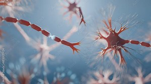 Neuron cells with synapses in human brain firing signals. Looping animation.