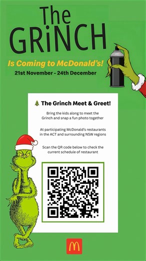 The Grinch is back and causing chaos all over Canberra! Rod and Gabi tried to talk some sense into him, but you know the Grinch… Listening was never on the cards. Now he’s out on a surprisingly well-organised Christmas tour, and this is your chance to meet him in person before he disappears back to Mount Crumpit! Want to catch him? Scan the QR code to see the full list of locations he’ll be visiting! | Hit104.7