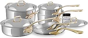 Mauviel M'Cook B 5-Ply Polished Stainless Steel 11-Piece Cookware Set With Bonus Inobrill And Brass Handles, Made In France